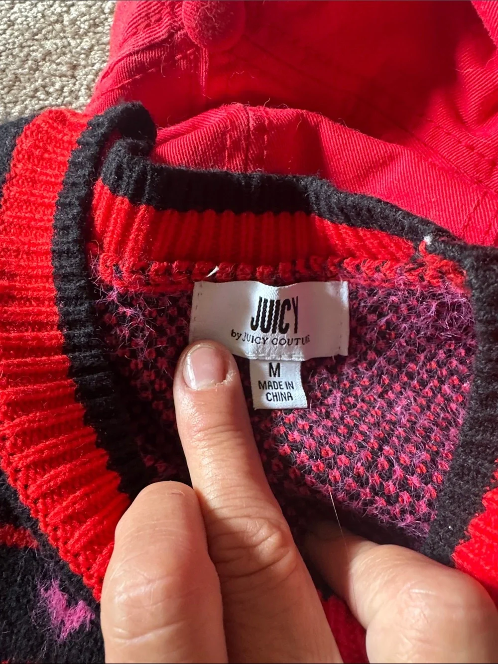 NWT Juicy Couture Black, Hot Pink & Red Crown Logo Knit Sweater rare liquorice